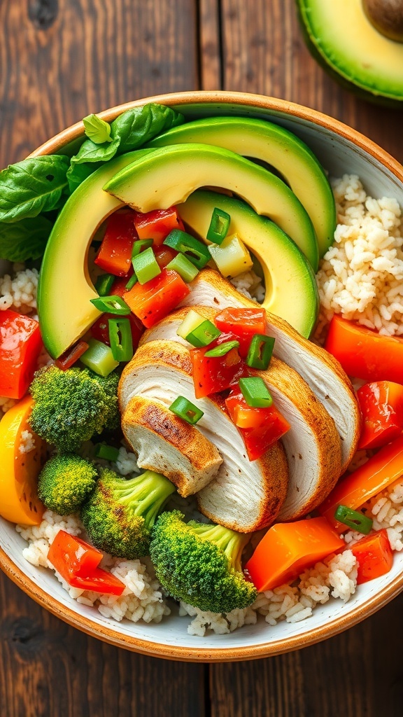 A colorful chicken bowl with grilled chicken, rice, vegetables, and avocado, garnished with salsa on a wooden table.